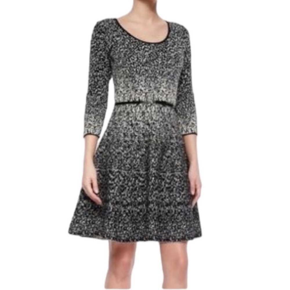 Carmen Marc Valvo Black & Cream Metallic Fit & Flare Sweater Dress Size Small
